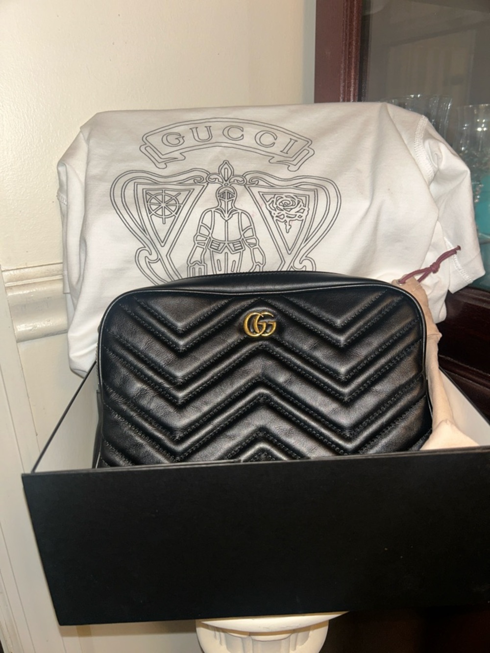 Gucci Black Quilted Chevron GG Marmont Crossbody Bag W/New Auth GUCCI  Shirt